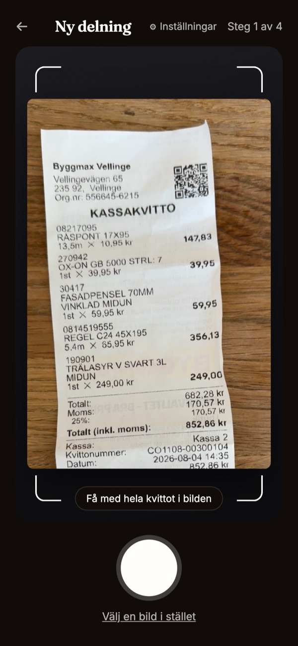 Kvittas kamera med ett kvitto i sökaren